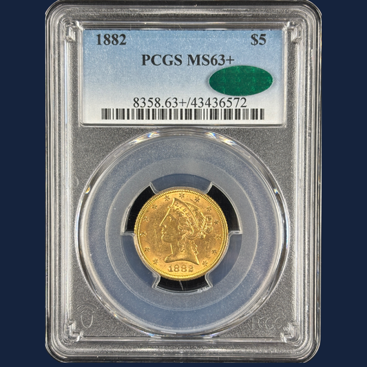 1882 $5 Liberty Head Half Eagle Gold Coin PCGS MS63+ CAC Very Original