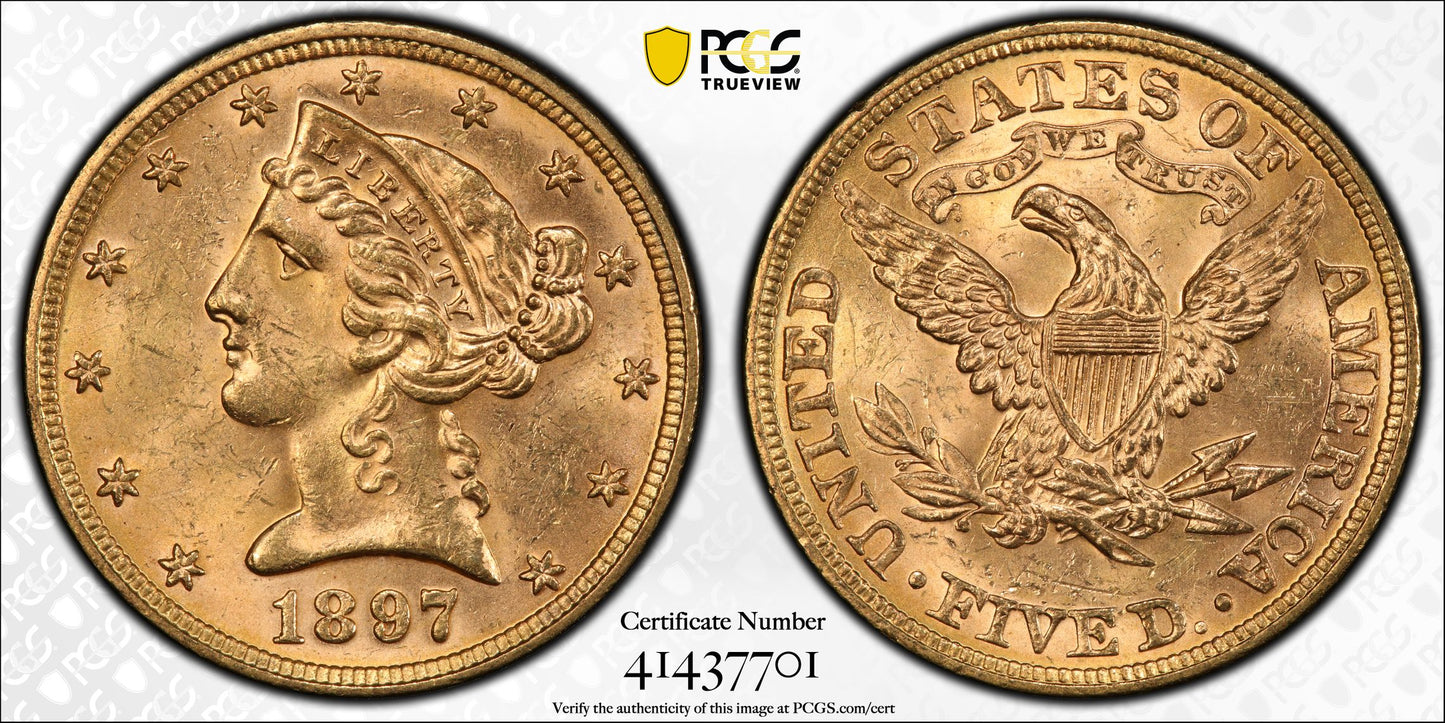 1897 $5 Liberty Head Half Eagle US Gold Coin PCGS MS63 CAC Better Date Fairmont