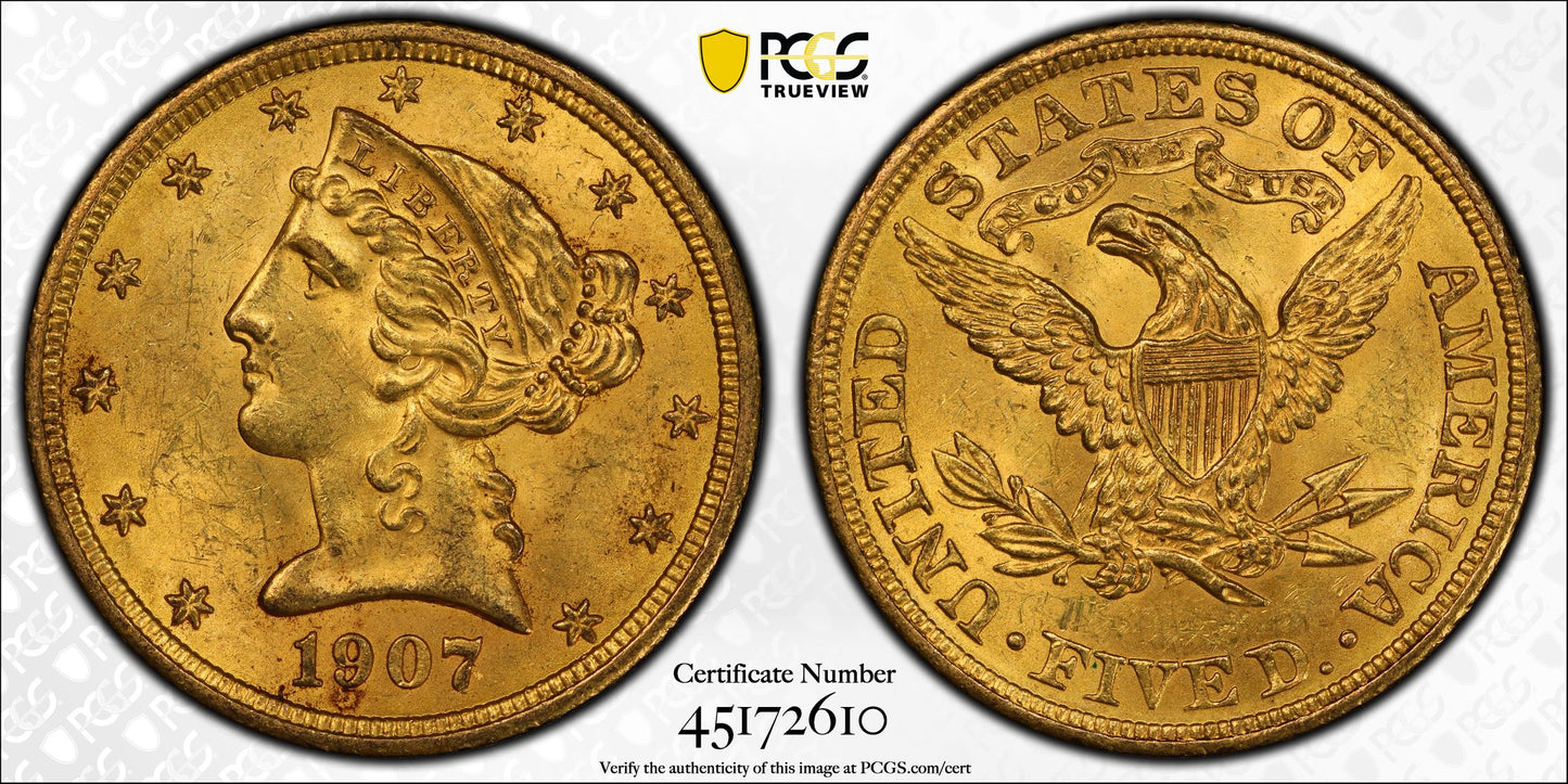 1907 $5 Liberty Head Half Eagle US Gold Coin PCGS MS64+ CAC Better Date Fairmont