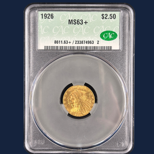 1926 $2.5 Indian Head Quarter Eagle Gold Coin CACG 63+ CAC Pre-1933