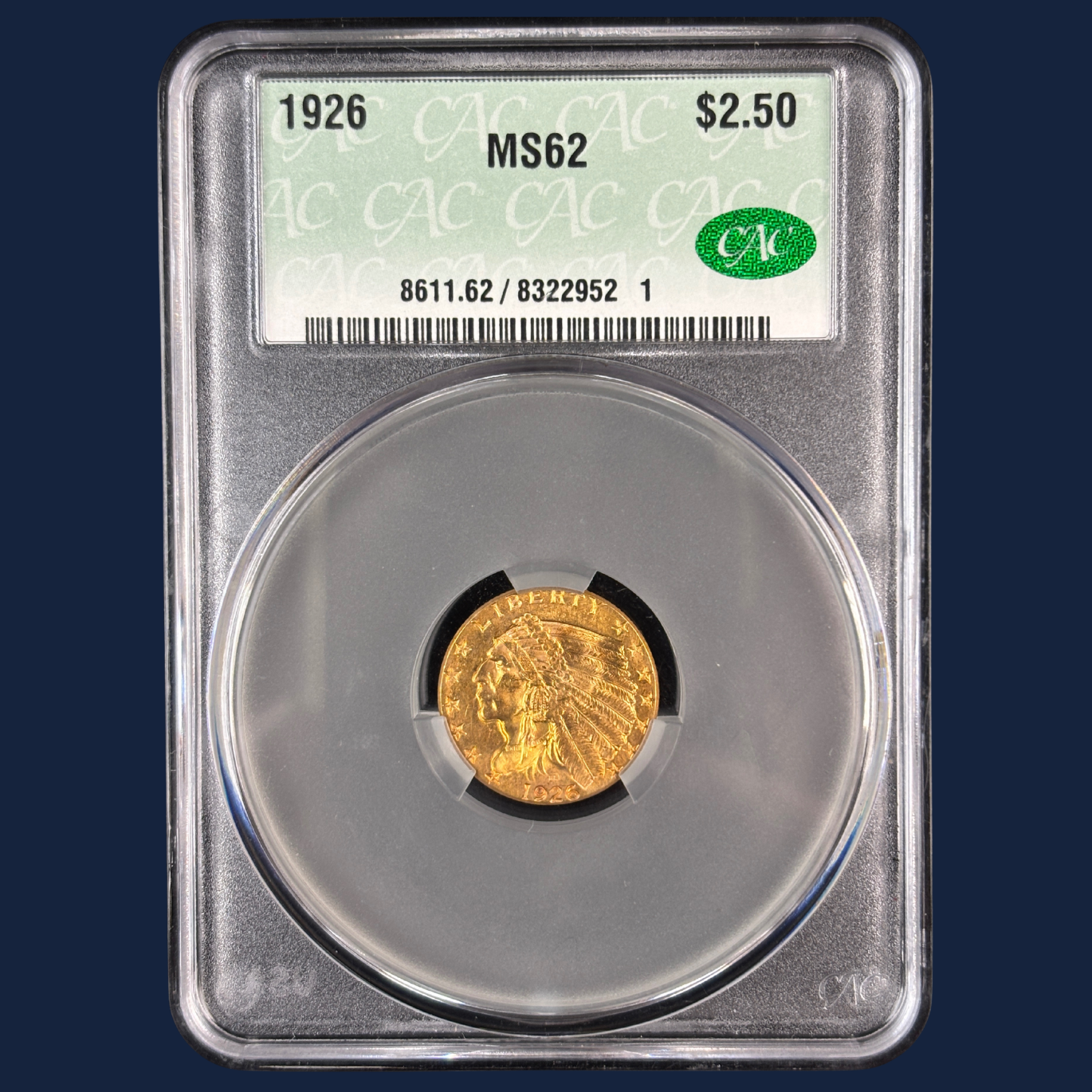 1926 $2.5 Indian Head Quarter Eagle CACG CAC MS62 Glowing with Color!