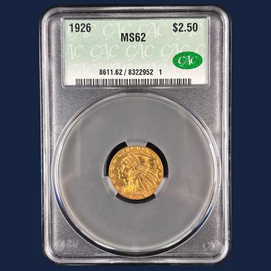 1926 $2.5 Indian Head Quarter Eagle CACG CAC MS62 Glowing with Color!