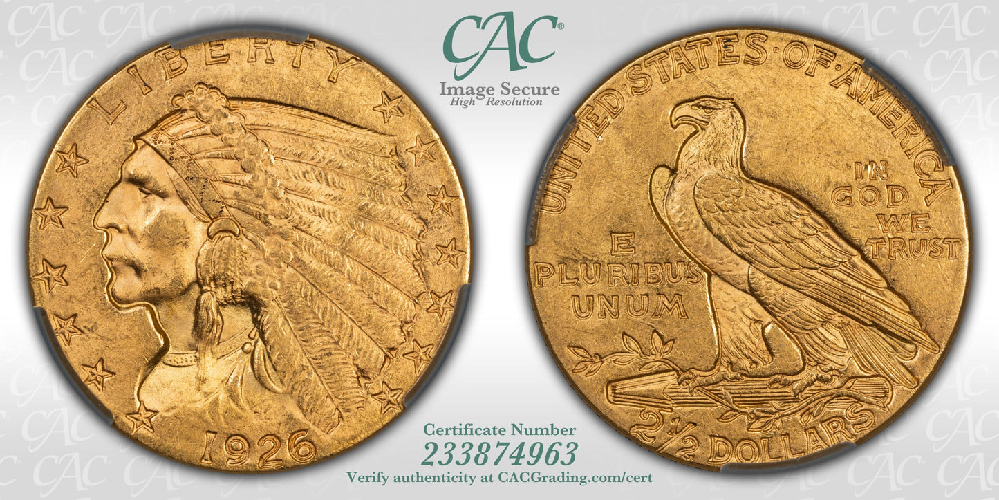 1926 $2.5 Indian Head Quarter Eagle Gold Coin CACG 63+ CAC Pre-1933