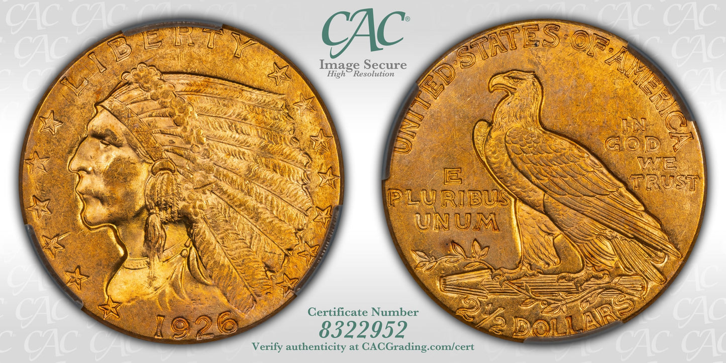 1926 $2.5 Indian Head Quarter Eagle CACG CAC MS62 Glowing with Color!