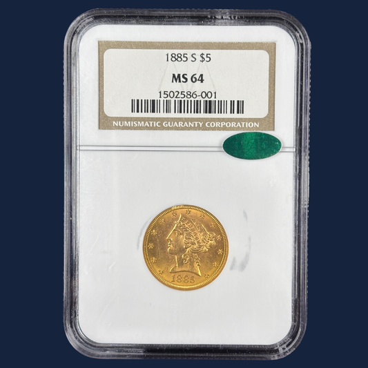 1885 S $5 Liberty Head Half Eagle Gold Coin NGC CAC MS64 Better Date
