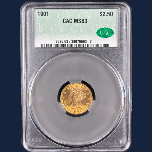 1901 $2.5 Liberty Head Quarter Eagle Gold Coin CAC MS63 CACG Great Color!