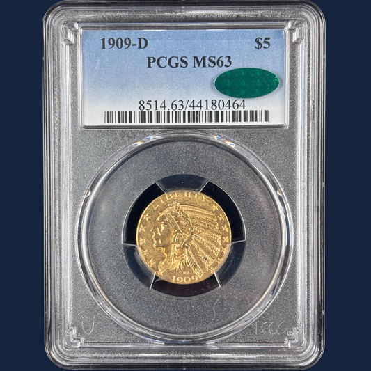 1909 D Indian Head Half Eagle $5 Gold Coin PCGS MS 63 CAC