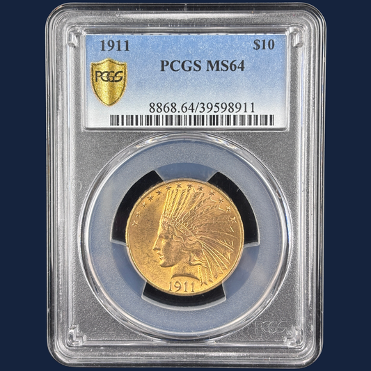 1911 $10 Indian Head Gold Eagle Ten Dollar Pre-1933 Coin PCGS MS64 NEAR GEM