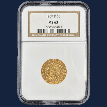 1909 D $5 Indian Head Half Eagle Gold Coin NGC MS63 Nice Color