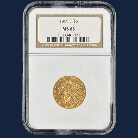 1909 D $5 Indian Head Half Eagle Gold Coin NGC MS63 Nice Color