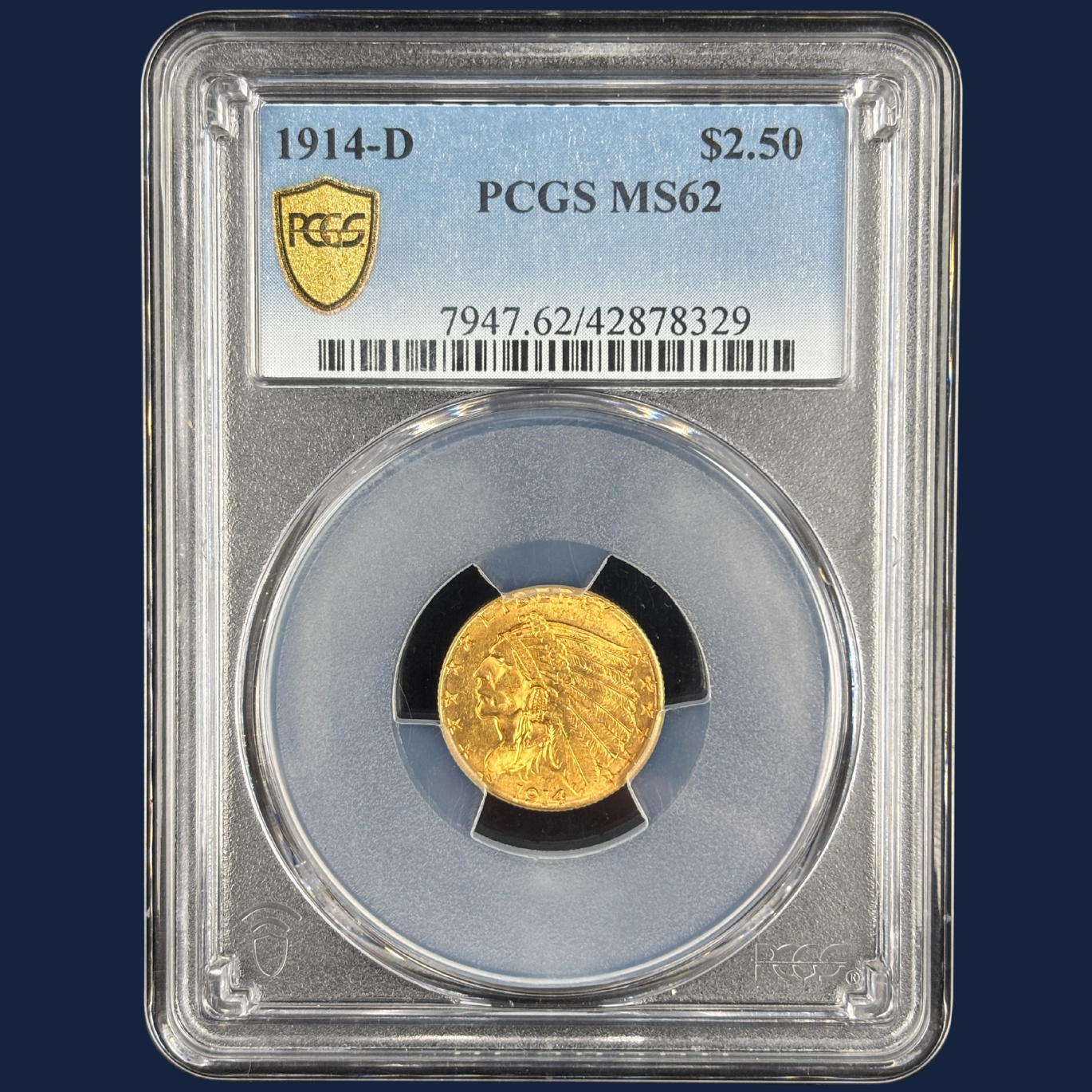 1914 D $2.5 Indian Head Quarter Eagle Gold Coin PCGS MS62 Stunner Undergraded