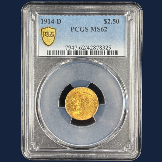 1914 D $2.5 Indian Head Quarter Eagle Gold Coin PCGS MS62 Stunner Undergraded