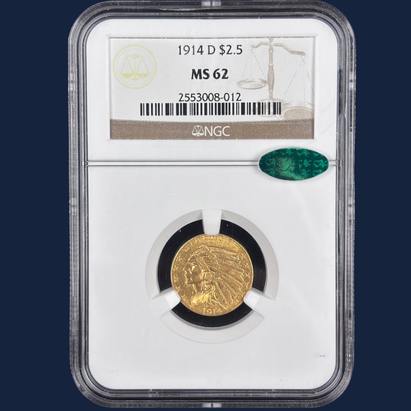 1914 D $2.5 Indian Head Quarter Eagle Gold Coin NGC MS62 CAC