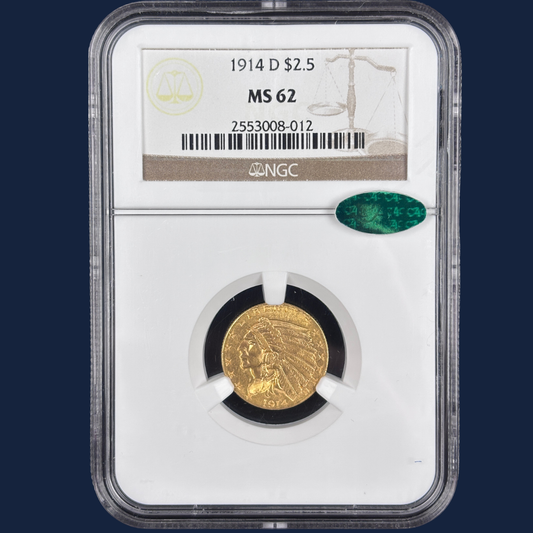 1914 D $2.5 Indian Head Quarter Eagle Gold Coin NGC MS62 CAC