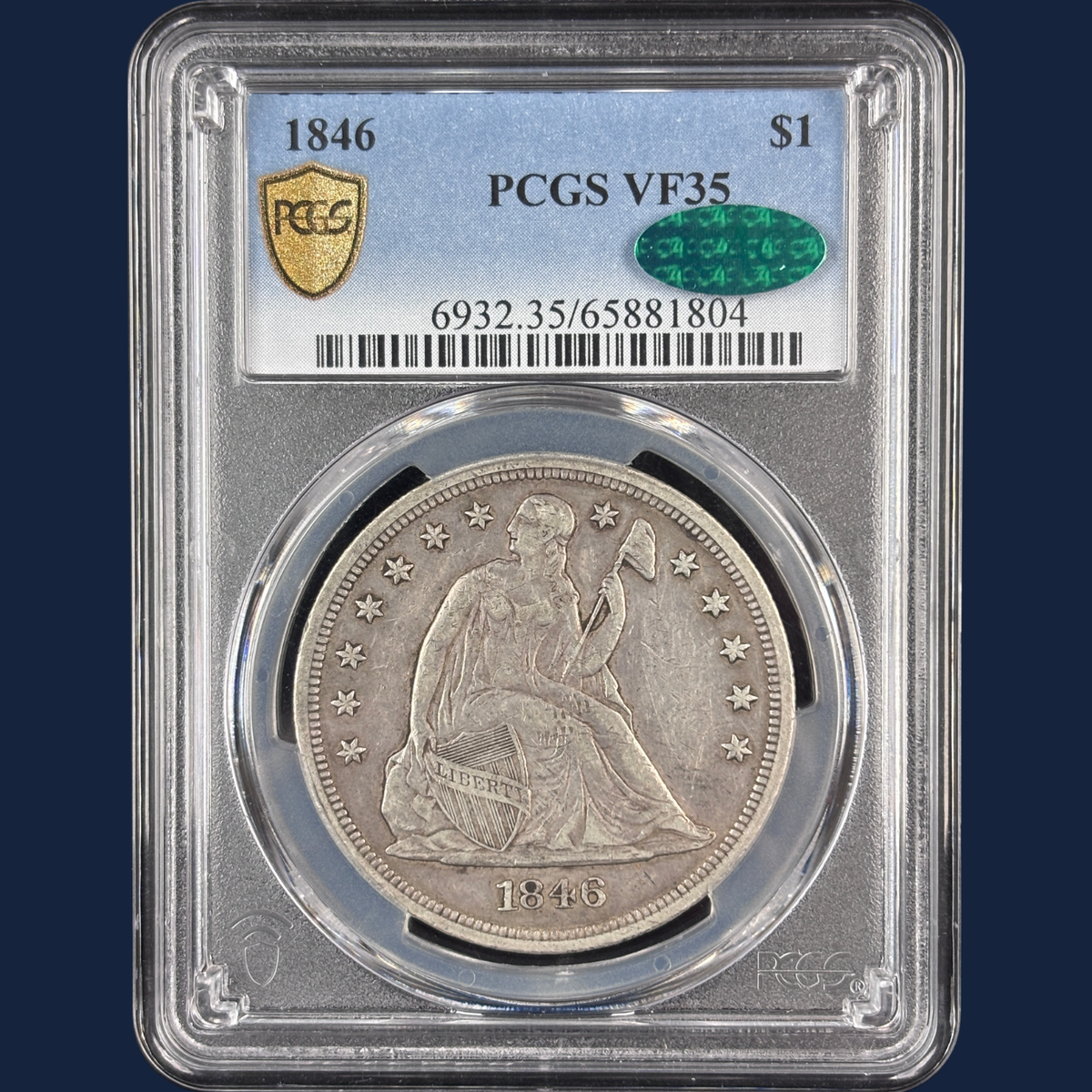 1846 Liberty Seated Dollar PCGS VF35 CAC Original Crusty Look