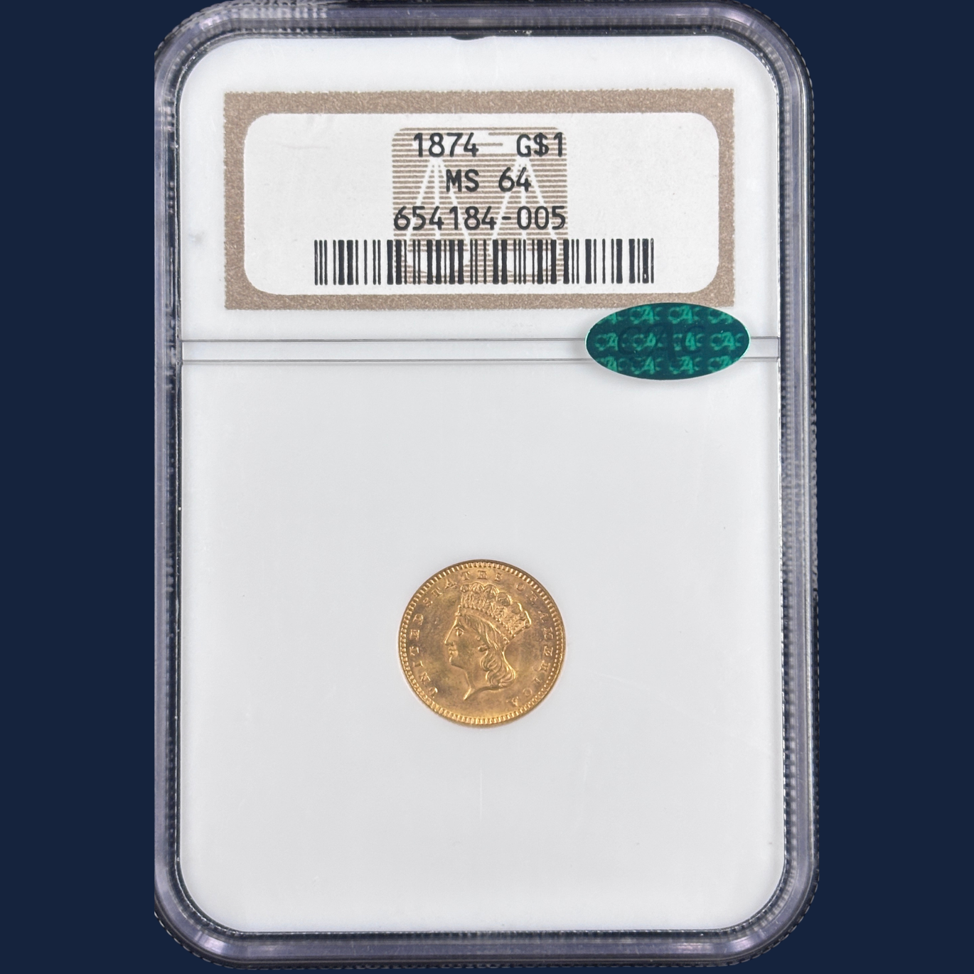 1874 Gold Dollar NGC MS64 CAC Type 3 Older Holder