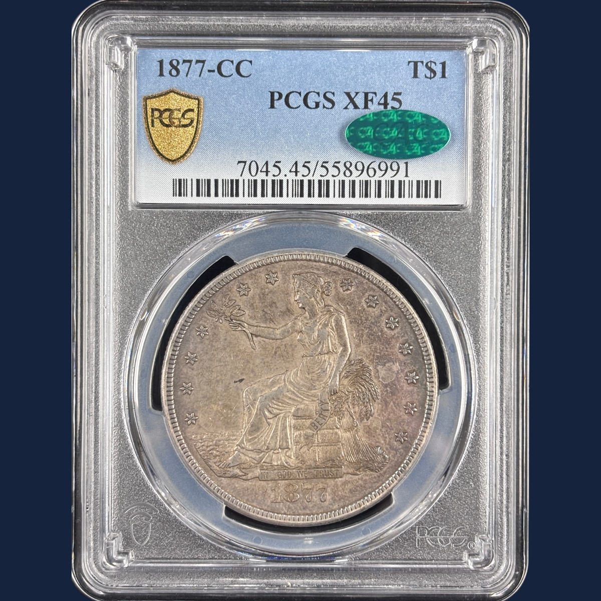 1877 CC Carson City Trade Dollar PCGS XF45 CAC Only 49 with CAC Sticker!