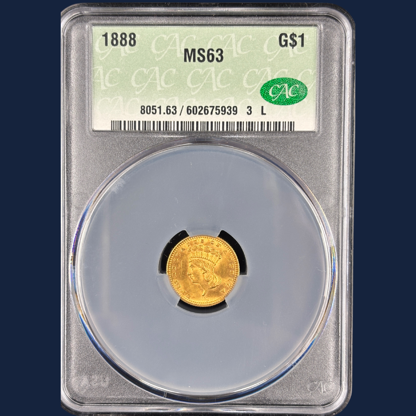 1888 Type 3 Indian Princess Large Head Gold Dollar CAC CACG MS63 Superb Strike