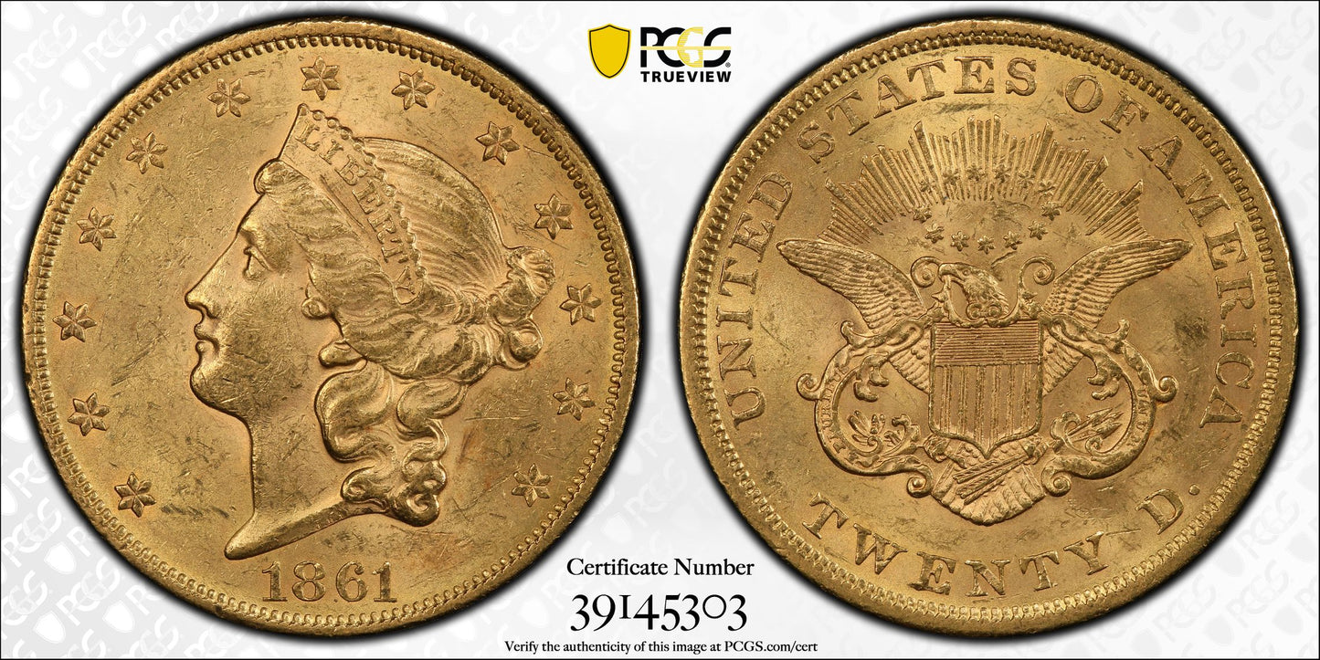 1861 $20 Liberty Head Double Eagle PCGS MS61 CAC Civil War Date