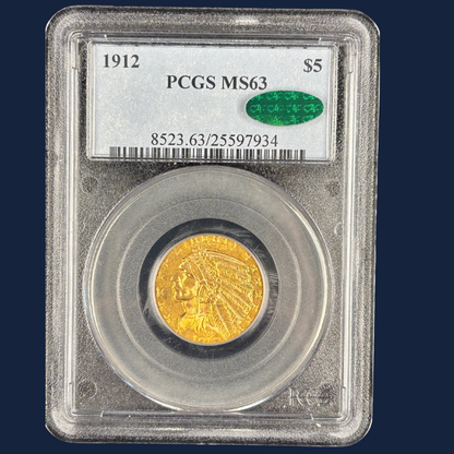 1912 $5 Indian Head Half Eagle Gold Coin PCGS MS63 CAC Choice Original Luster