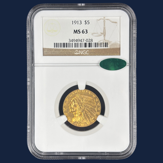 1913 $5 Indian Head Half Eagle Gold Coin NGC MS63 CAC