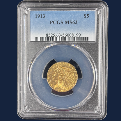 1913 Indian Head Half Eagle Gold Coin PCGS MS63 $5