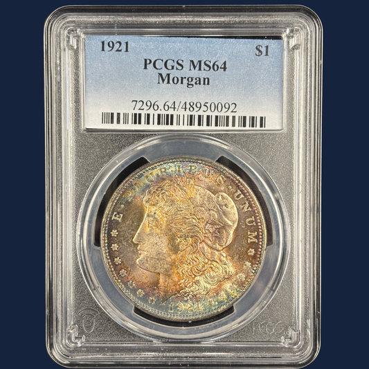 1921 Toner Morgan Dollar PCGS MS64 Rare Date with Color Dual Sided Toning