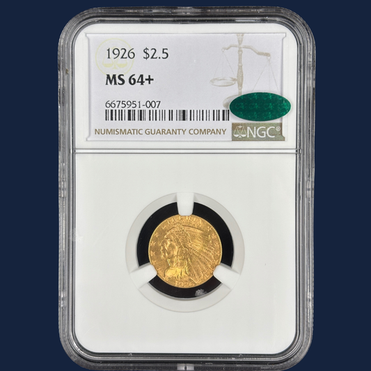 1926 $2.5 Indian Head Gold Quarter Eagle NGC MS64+ CAC High-End Near Gem