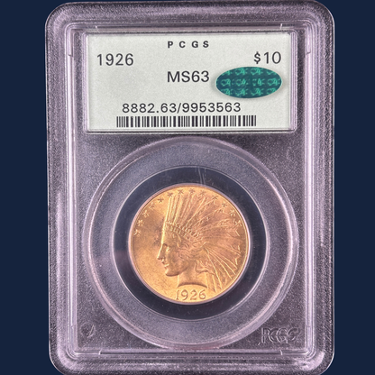 1926 $10 Indian Head Eagle PCGS OGH CAC MS63 Gold Coin