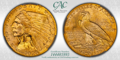 1926 $2.5 Indian Head Quarter Eagle Gold Coin CAC CACG MS63 Luster Loaded!