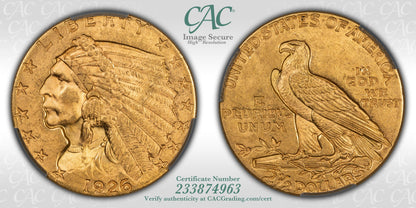 1926 $2.5 Indian Head Quarter Eagle Gold Coin CACG 63+ CAC Pre-1933