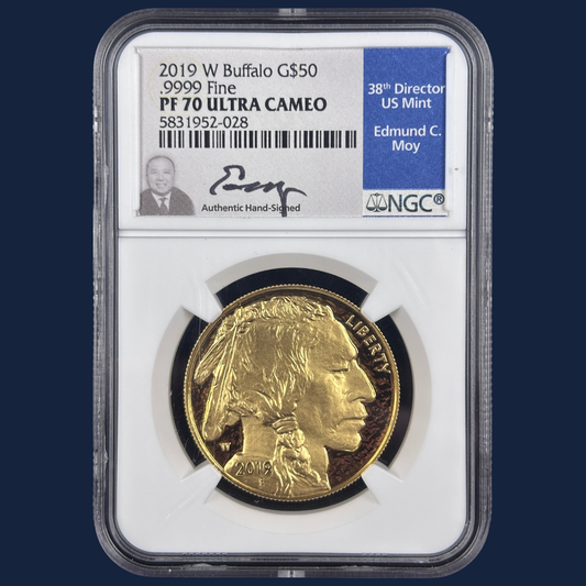 2019 W American Buffalo Gold Coin $50 PF70 UCAM NGC Edmund C. Moy Signed Label