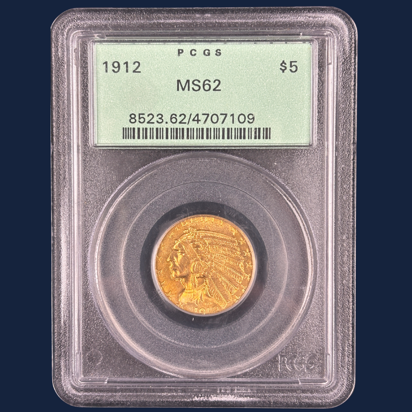 1912 $5 Indian Head Half Eagle Gold Coin PGCS OGH MS62