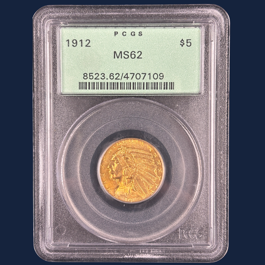1912 $5 Indian Head Half Eagle Gold Coin PGCS OGH MS62