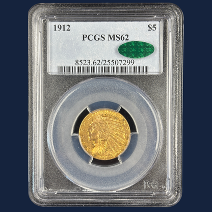1912 $5 Indian Head Half Eagle Gold Coin PCGS MS62 CAC Super Original