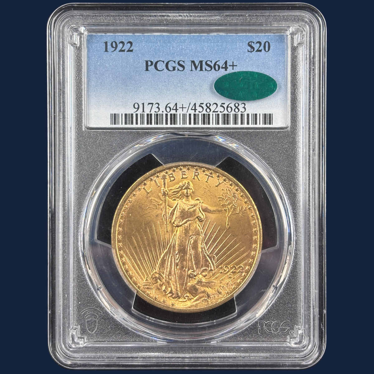 1922 Saint Gaudens $20 Gold Coin PCGS MS64+ CAC Very NEAR GEM