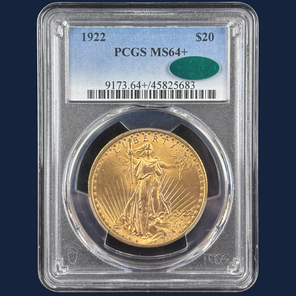 1922 Saint Gaudens $20 Gold Coin PCGS MS64+ CAC Very NEAR GEM