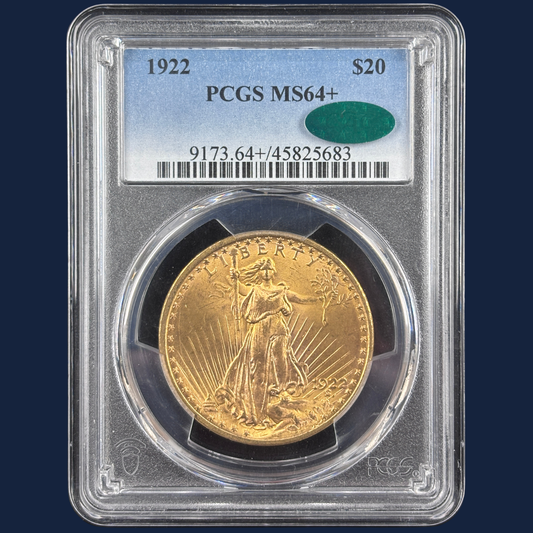 1922 Saint Gaudens $20 Gold Coin PCGS MS64+ CAC Very NEAR GEM