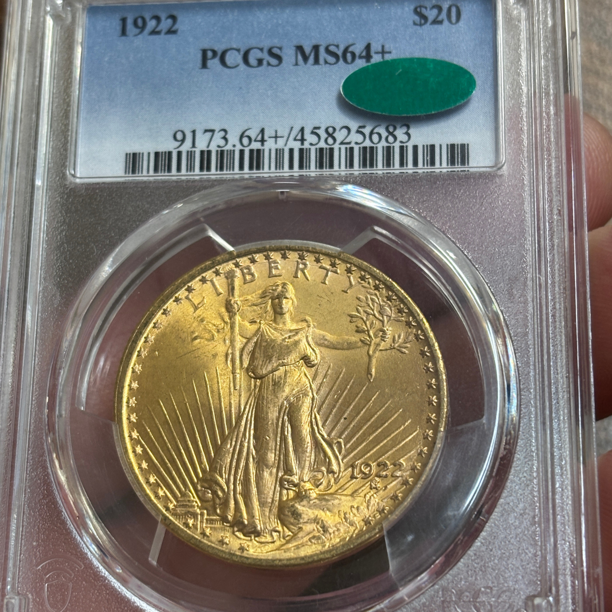 1922 Saint Gaudens $20 Gold Coin PCGS MS64+ CAC Very NEAR GEM