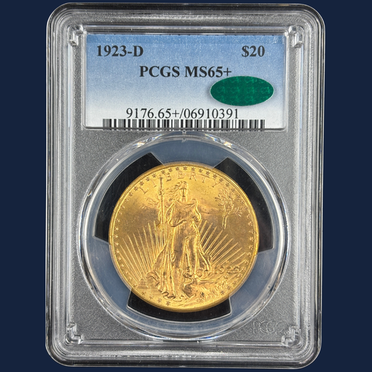 1923-D $20 Saint-Gaudens Double Eagle US Gold Coin – PCGS MS65+ CAC
