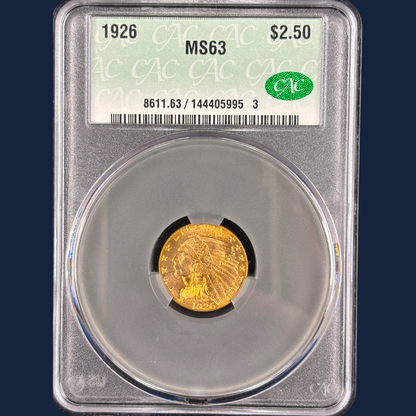 1926 $2.5 Indian Head Quarter Eagle Gold Coin CAC CACG MS63 Luster Loaded!
