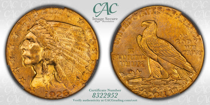 1926 $2.5 Indian Head Quarter Eagle CACG CAC MS62 Glowing with Color!