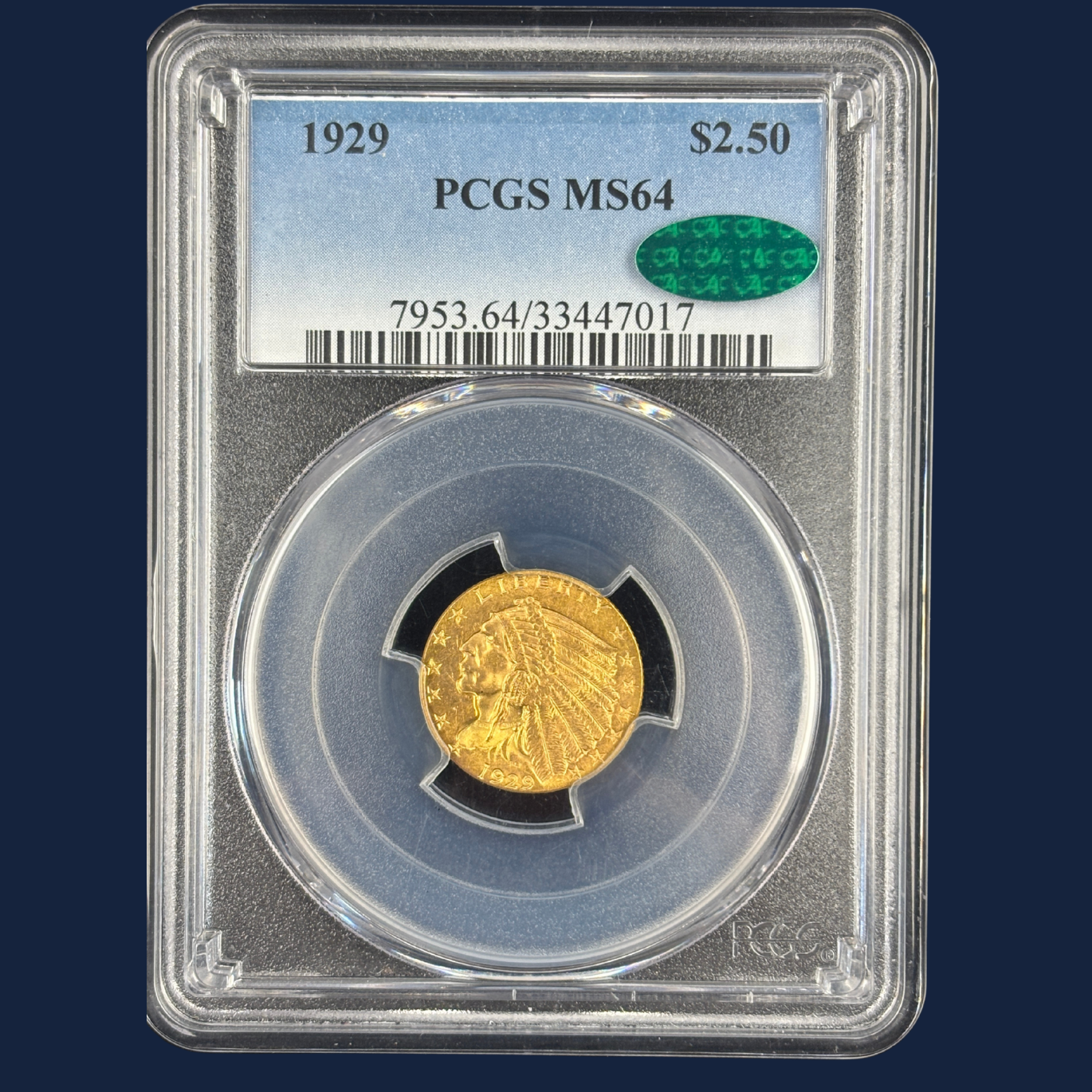 1929 $2.5 Indian Head Quarter Eagle Gold Coin PCGS MS64 CAC Near GEM