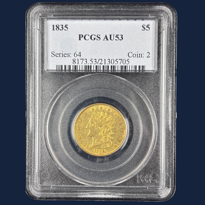 1835 Classic Head Half Eagle Gold Coin PCGS AU53 Flashy