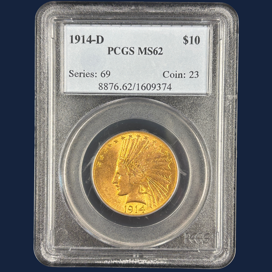 1914-D Indian Head $10 Gold Eagle PCGS MS62 – Old Holder, Looks Undegraded