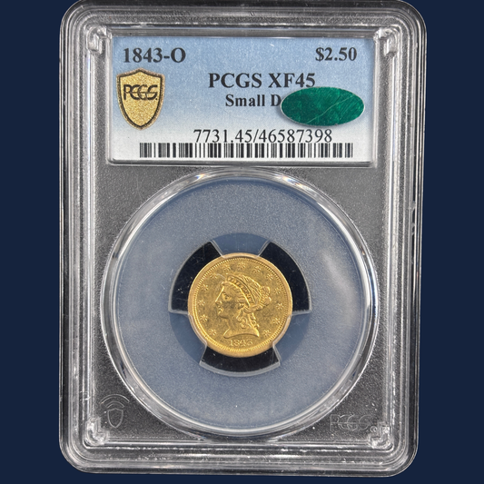 1843 O $2.5 Liberty Head Quarter Eagle PCGS CAC XF45 New Orleans Gold Coin