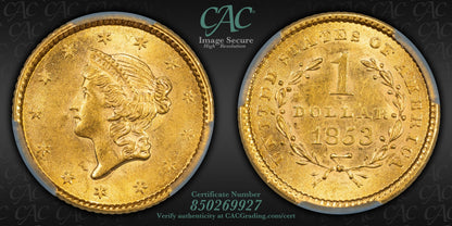 1853 Gold Dollar CAC CACG MS64 Great Luster
