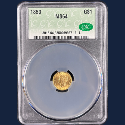1853 Gold Dollar CAC CACG MS64 Great Luster