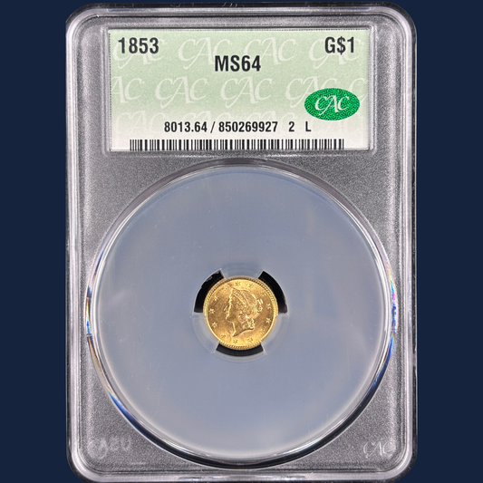 1853 Gold Dollar CAC CACG MS64 Great Luster