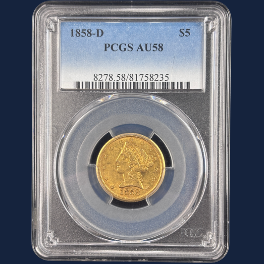1858-D Liberty Head Half Eagle PCGS AU58 Dahlonega Gold Coin